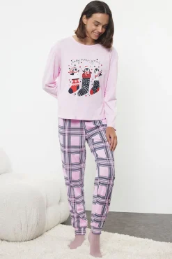 Conjunto de pijama de Natal xadrez rosa