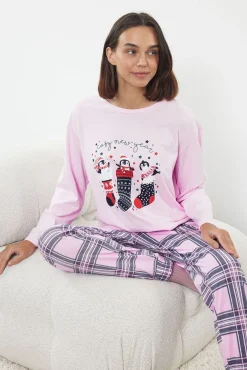 Conjunto de pijama de Natal xadrez rosa