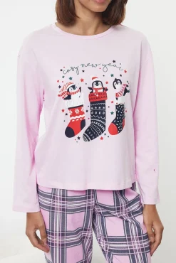 Conjunto de pijama de Natal xadrez rosa