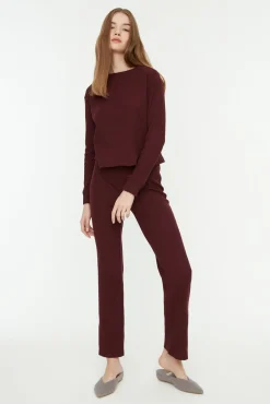 Conjunto de pijama de veludo cotelê bordô