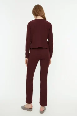 Conjunto de pijama de veludo cotelê bordô
