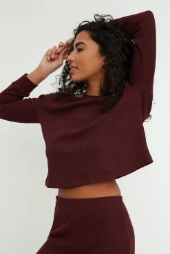 Conjunto de pijama de veludo cotelê bordô