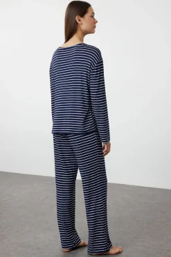 Conjunto de pijama de viscose riscas azul marinho