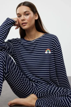 Conjunto de pijama de viscose riscas azul marinho