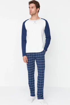 Conjunto de pijama xadrez regular fit azul marinho