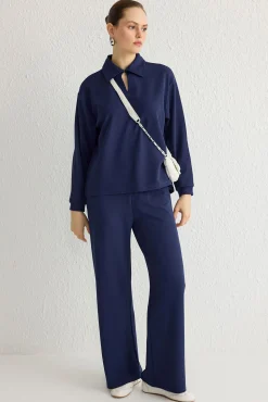 Conjunto de top e calça gola polo azul