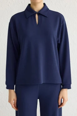 Conjunto de top e calça gola polo azul