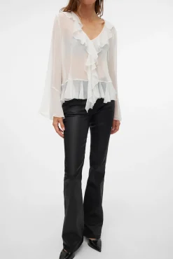 Jeans largos femininos com efeito polipele