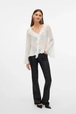 Jeans largos femininos com efeito polipele