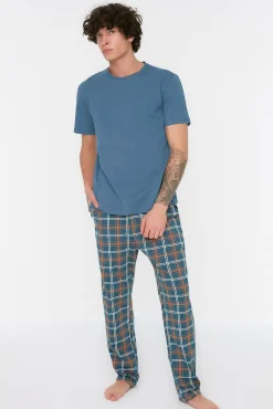 Malha de pijama de malha xadrez azul marinho com corte regular