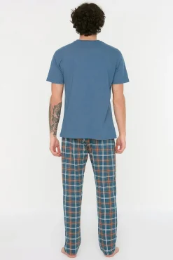 Malha de pijama de malha xadrez azul marinho com corte regular