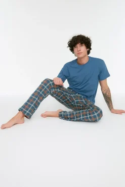 Malha de pijama de malha xadrez azul marinho com corte regular