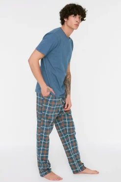 Malha de pijama de malha xadrez azul marinho com corte regular