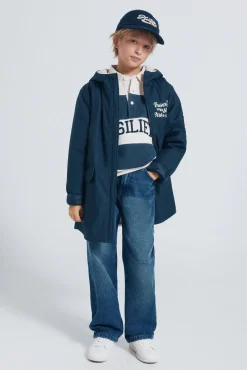 Parka azul marinho com frase para criança