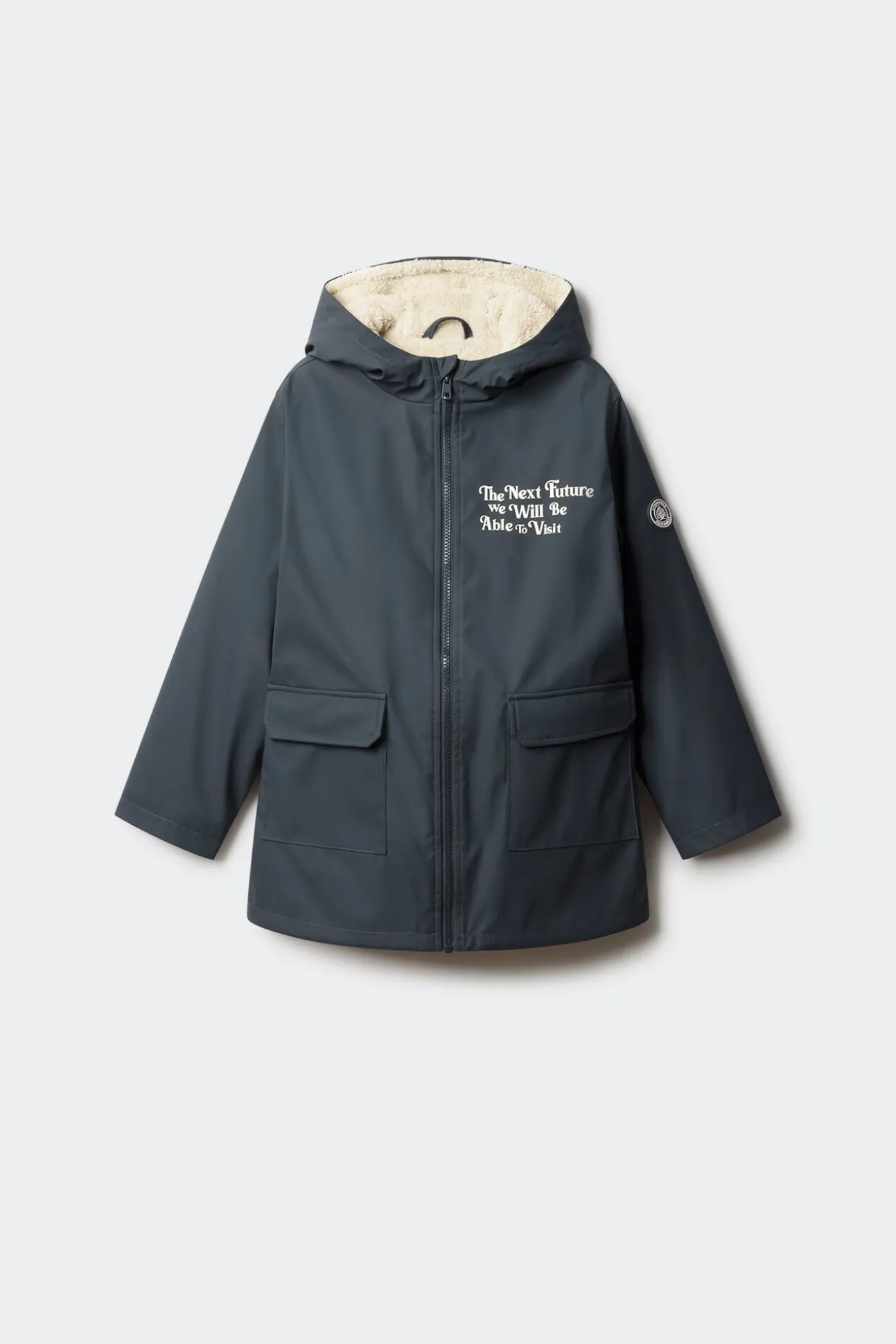 Parka azul marinho com frase para criança