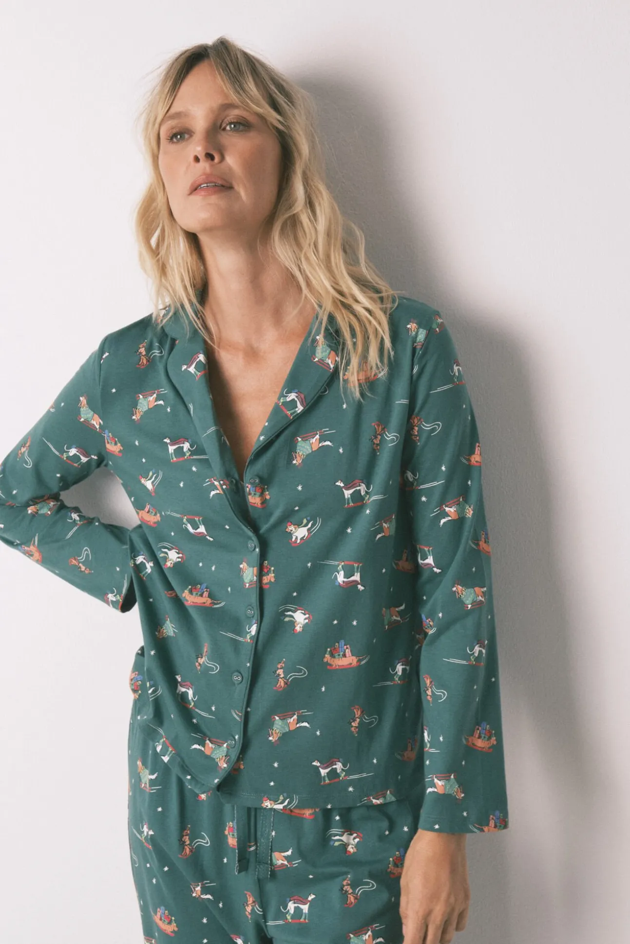 Pijama camisa com estampado com cães, 100% algodão