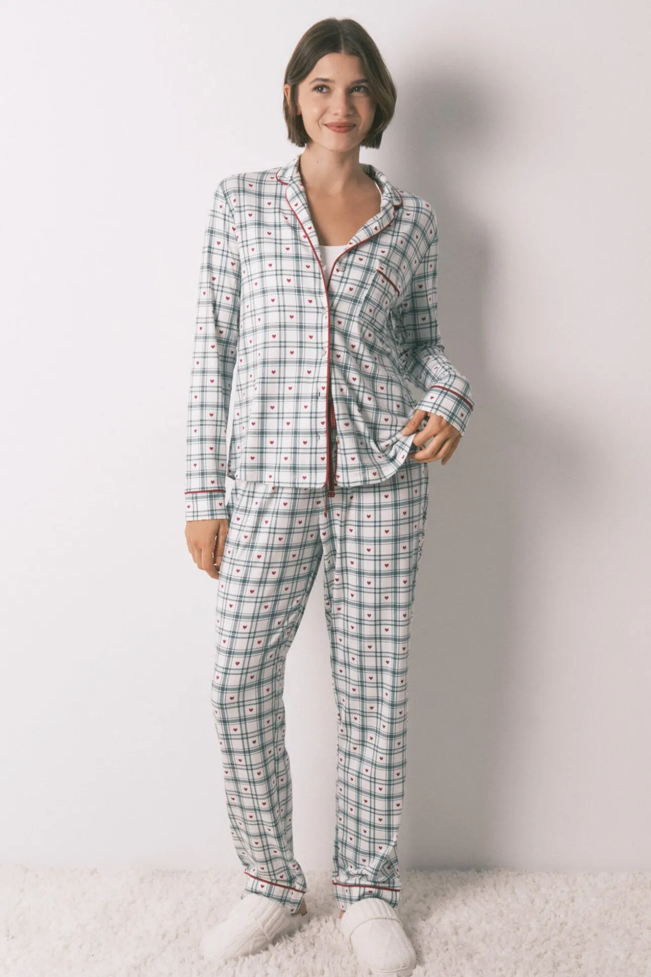 Pijama camiseiro com estampado xadrez verde