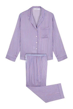 Pijama camiseiro longa de cetim com estampa riscas