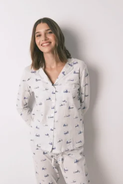 Pijama camiseiro longo 100% algodão cinza com estampa de casa