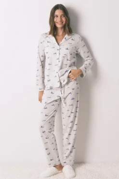 Pijama camiseiro longo 100% algodão cinza com estampa de casa