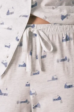 Pijama camiseiro longo 100% algodão cinza com estampa de casa