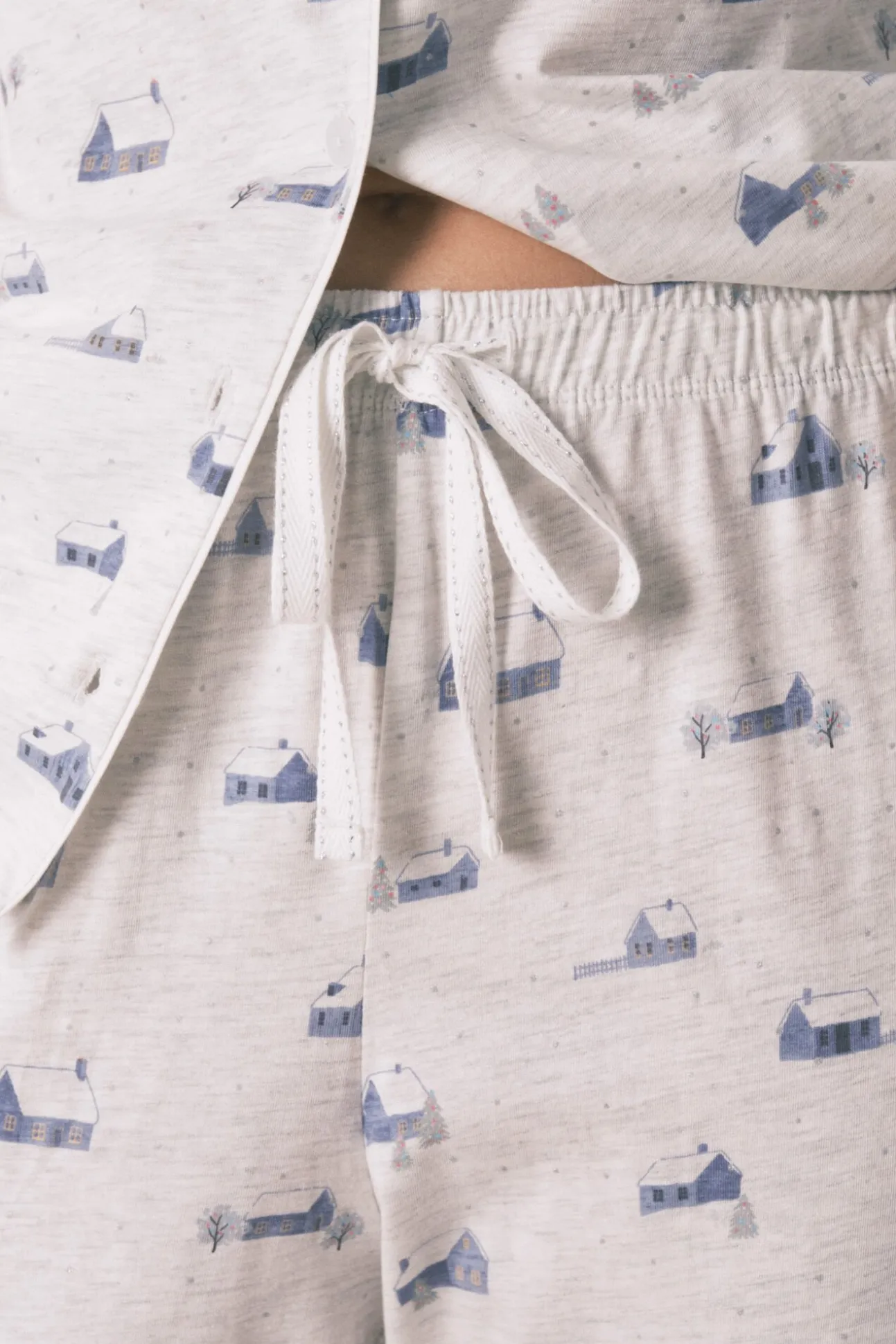 Pijama camiseiro longo 100% algodão cinza com estampa de casa
