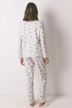 Pijama camiseiro longo 100% algodão cinza com estampa de casa