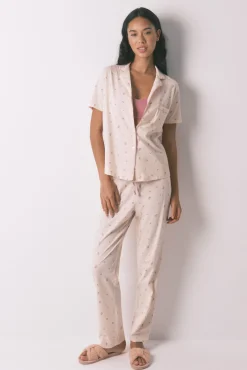 Pijama camiseiro longo 100% algodão com estampa floral