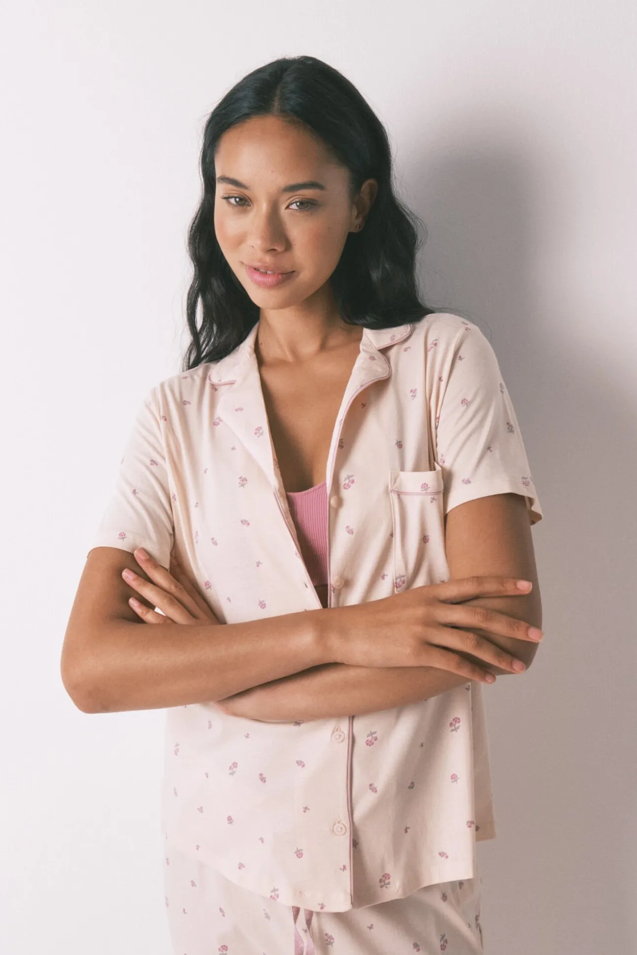 Pijama camiseiro longo 100% algodão com estampa floral