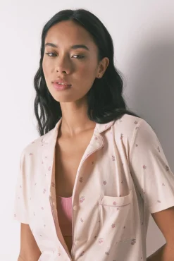 Pijama camiseiro longo 100% algodão com estampa floral