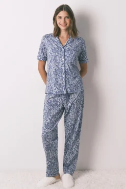 Pijama camiseiro longo 100% algodão com estampa floral azul