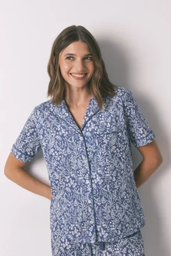 Pijama camiseiro longo 100% algodão com estampa floral azul