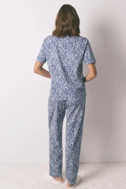 Pijama camiseiro longo 100% algodão com estampa floral azul