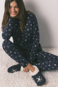 Pijama comprido 100% algodão azul estampado sapinhos