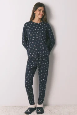 Pijama comprido 100% algodão azul estampado sapinhos