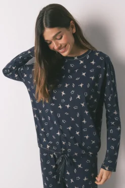 Pijama comprido 100% algodão azul estampado sapinhos
