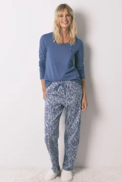 Pijama comprido 100% algodão com estampa floral azul
