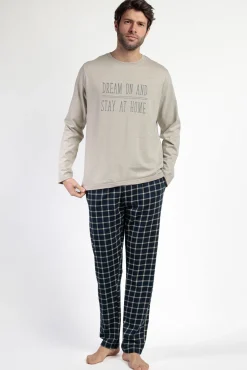 Pijama comprido azul e bege xadrez para homem