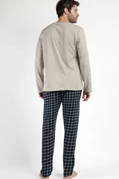 Pijama comprido azul e bege xadrez para homem