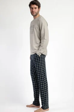 Pijama comprido azul e bege xadrez para homem