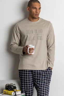 Pijama comprido azul e bege xadrez para homem