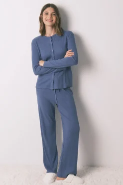 Pijama comprido canalé com efeito brilho azul