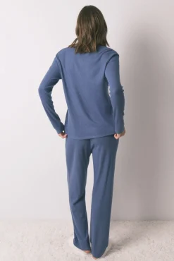 Pijama comprido canalé com efeito brilho azul