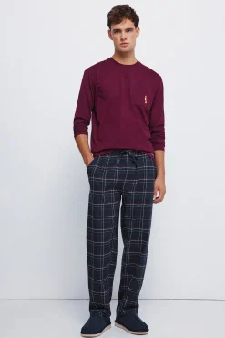 Pijama comprido com calça fannel xadrez grená