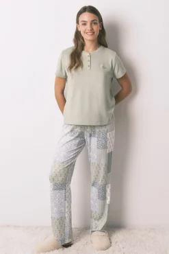 Pijama comprido de mangas curtas patchwork super macio