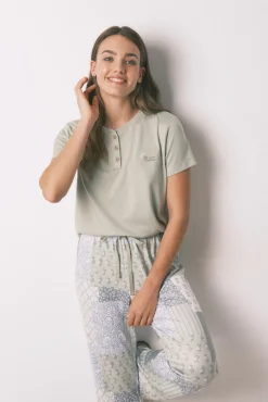 Pijama comprido de mangas curtas patchwork super macio