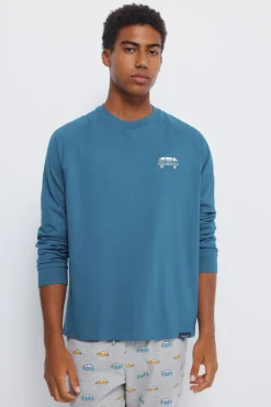 Pijama comprido longo de manga raglan com calça de carro