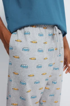 Pijama comprido longo de manga raglan com calça de carro