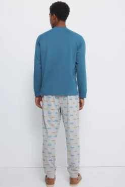 Pijama comprido longo de manga raglan com calça de carro