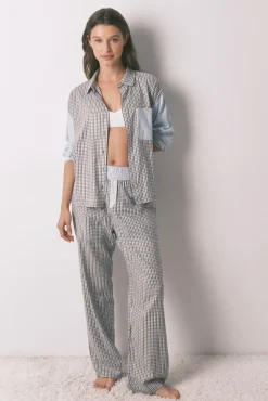 Pijama comprido longo xadrez e bolinhas